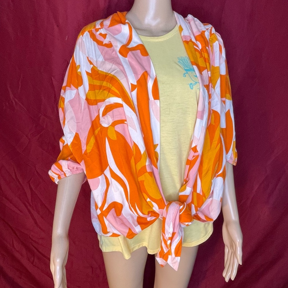 Cato Puffed Elbow Sleeve Open Front Tie Waist Orange Abstract Over Shirt 26/28W